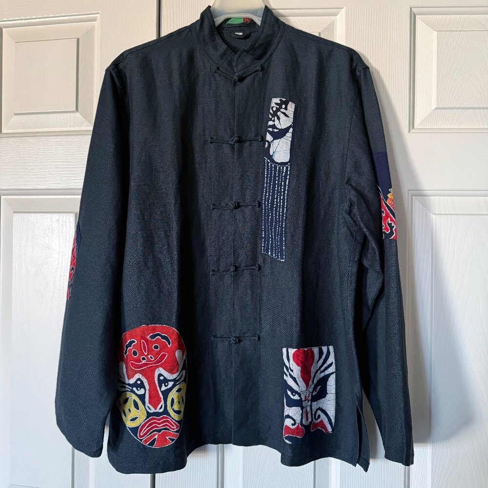 Men's Hemp Mandarin Pankou Jacket with Patchwork Art Mask Design Size M